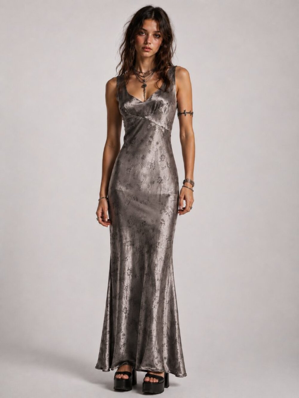 Vintage 90s Rampage Babydoll Fairy Grunge Maxi Slip Dress 7 Silver Floral Satin